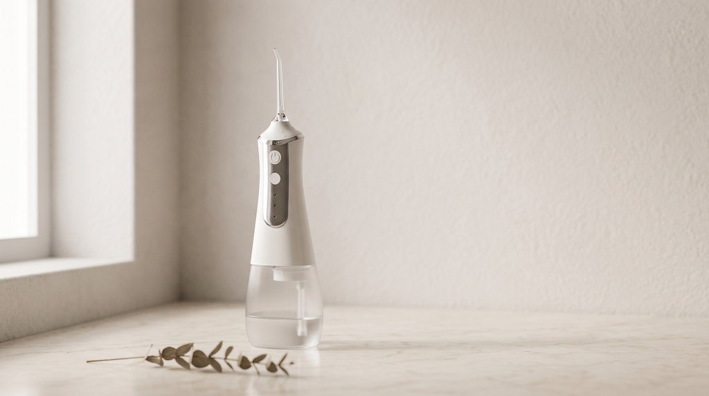 HydroPearl cordless water flosser, wide editorial marble scene