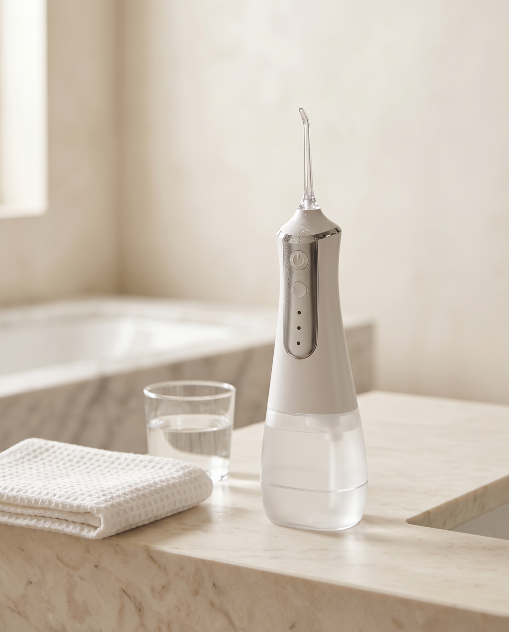 HydroPearl water flosser in a luxury hotel bathroom with folded towel and glass of water