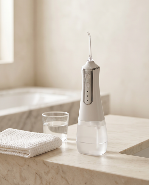 HydroPearl water flosser in a luxury hotel bathroom with folded towel and glass of water