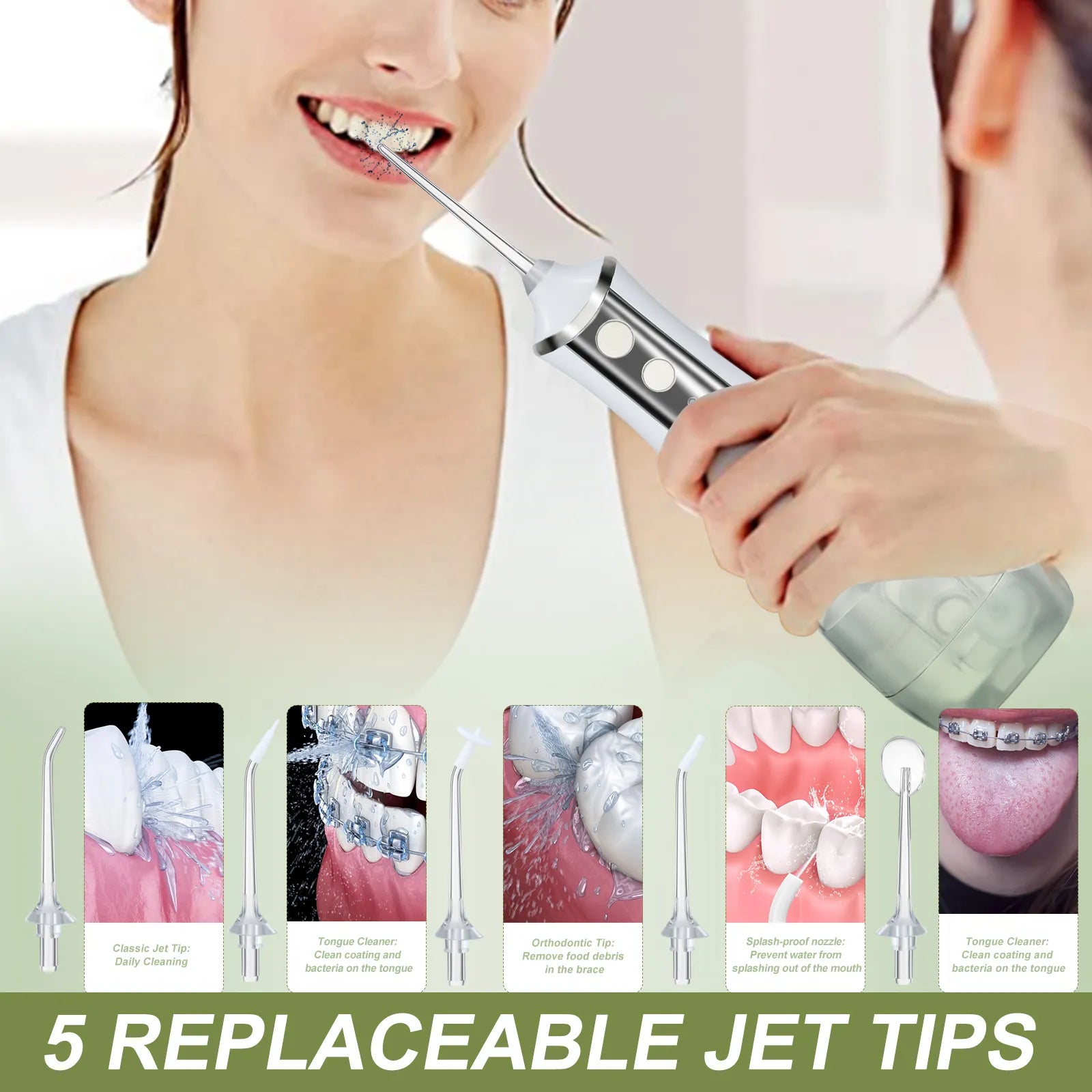 HydroPearl water flosser — 5 replaceable jet tips for braces, tongue, and sensitive gums